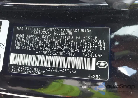 2010 Toyota Camry Xle из США, поврежденный, VIN 4T1BF3EK3AU011146
